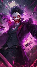 Sinister clown villain lunges forward in neon chaos.