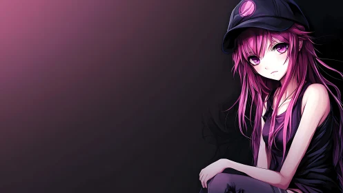 Pink haired anime girl in black cap against dark gradient.