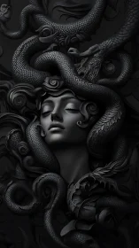 Medusa-inspired midnight portrait entwined with serpents.