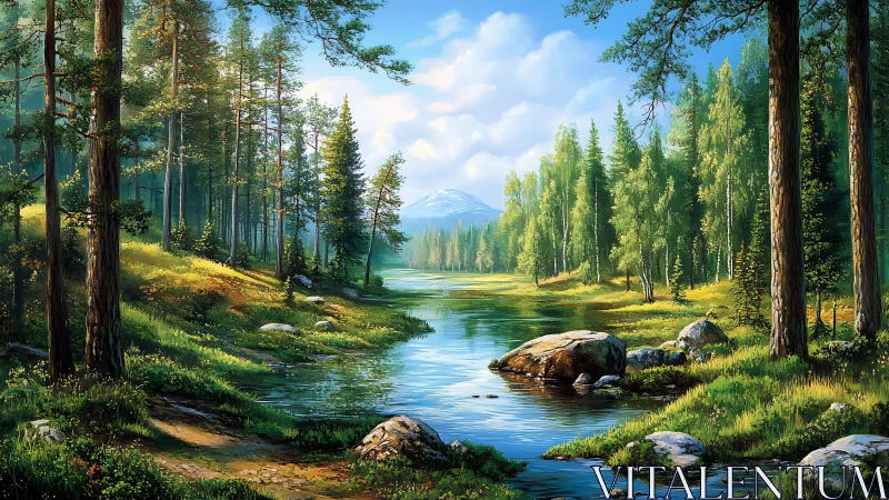 Alpine Forest River Valley with Mountain Peak.