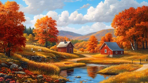 Autumn countryside farmhouses reflect in calm winding creek