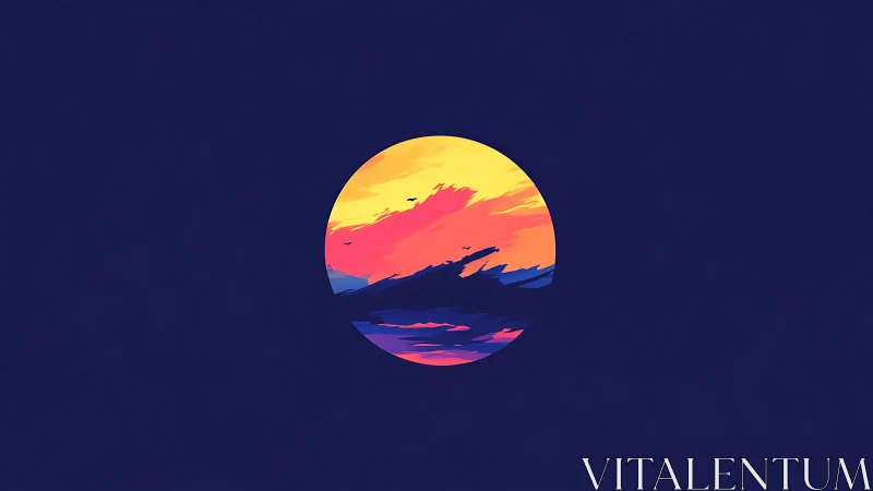 Chromatic circular sunset horizon with vector gradients.