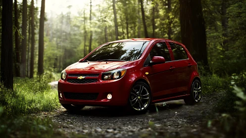 Bright red compact car pauses on a sunlit forest trail