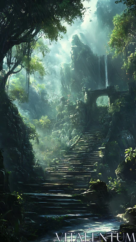 Stone stairway ascends through dense misty jungle ruins