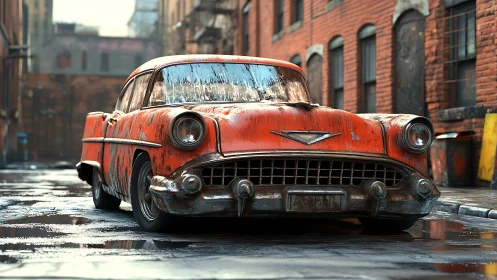 Rust-bright classic chews rainlight in a lonely brick alley