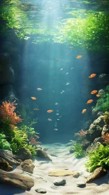 Sunlit underwater garden welcomes drifting, colorful fish
