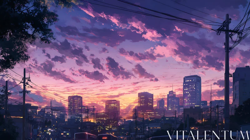 Neon city skyline glows beneath a vivid twilight sky.