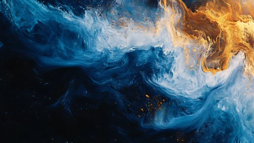 Turbulent chromatic fluid dynamics in blue and incandescent gold.