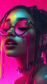 Neon portrait of woman in glasses with melting paint overlay.