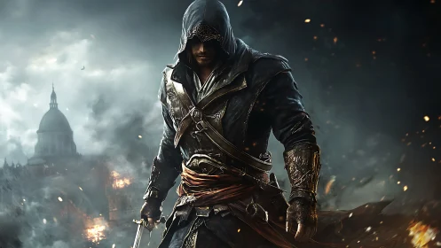 Hooded rogue warrior in detailed armor amid burning city.