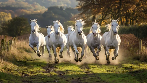 Galloping white horses on rural dirt track in warm backlight
