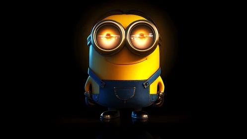 Yellow cartoon minion with glowing eyes on black background.
