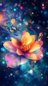 Luminescent digital blossom glows within swirling bokeh field