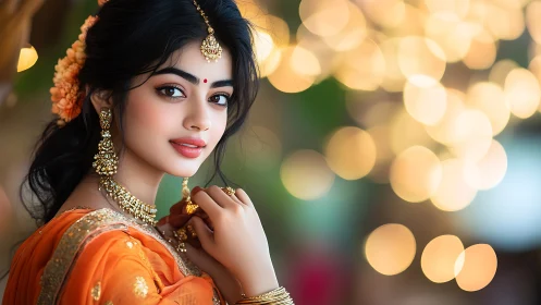 Portrait of woman in orange saree with festive lighting.