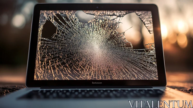 Shattered laptop sunrise turns broken glass into bright webs