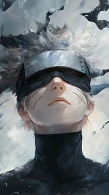 Mysterious masked warrior rests calmly in drifting light