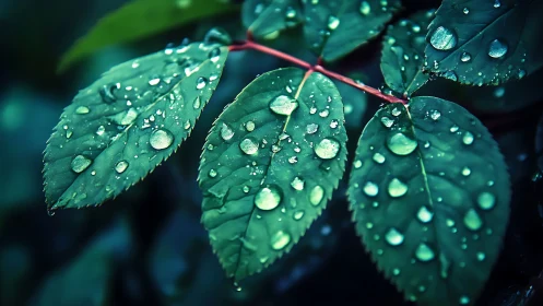 Dew-laden rose leaves under cool teal morning light.