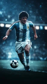 Iconic footballer sprinting under dramatic stadium lights.