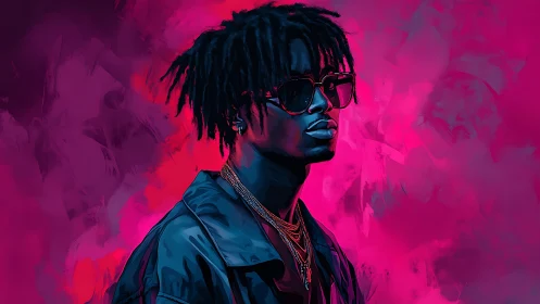 Portrait of man in jacket against magenta abstract field.