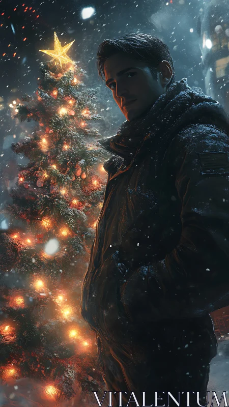 Snowlit portrait beside luminous Christmas tree at night.