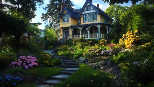 Victorian house framed by lush terraced garden in evening light