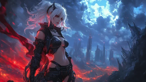 Warrior stands defiant above a burning cyberpunk ruin