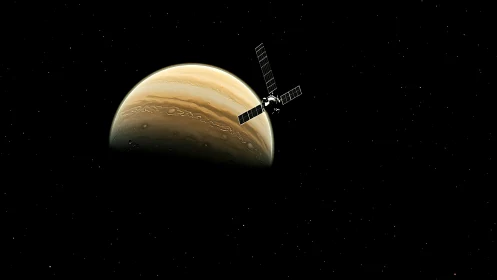 Satellite orbits gas giant planet against dark starfield