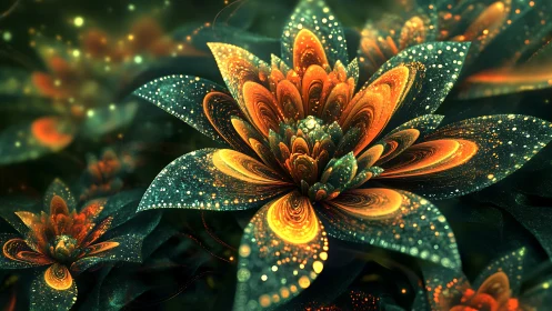 Luminous fractal flower with glowing spiral petals in bloom.