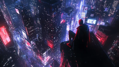Silent rooftop guardian overlooks a neon drenched night city