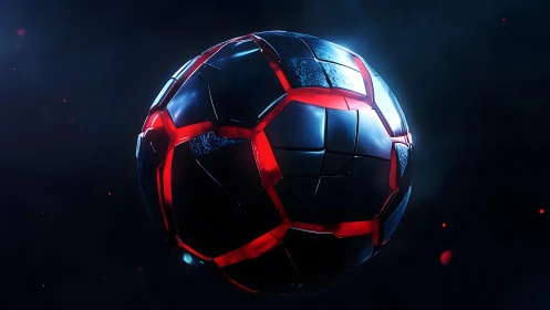 3D cybernetic soccer sphere with segmented luminous shell.
