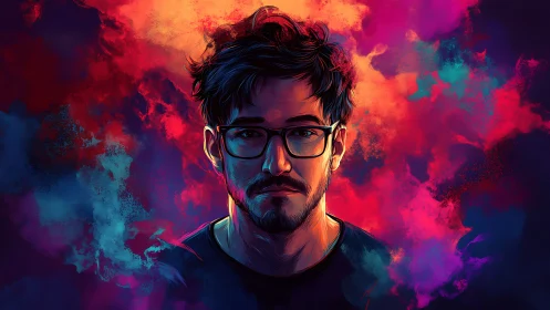 Electric introspective portrait in neon cosmic color storm.