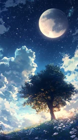 Moonwashed meadow tree dreaming between day and starlight.