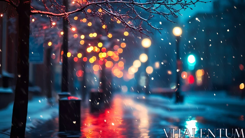 Snowflakes waltz through neon dusk on a dreaming city street