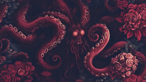 Crimson tentacled horror coils among blooming gothic roses