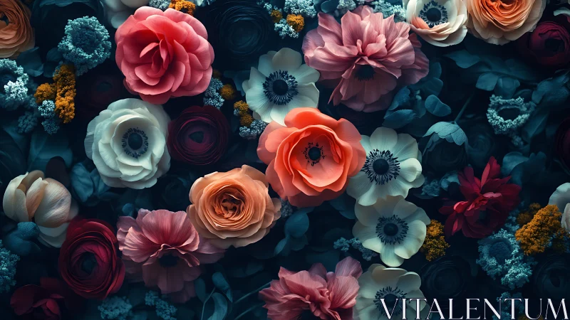 Botanical Harmony: Layered Florals Dance Above Moody Teal Terrain