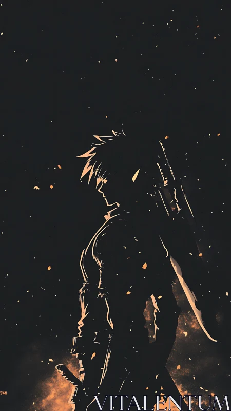 Lone anime swordsman stands defiant in burning embers night