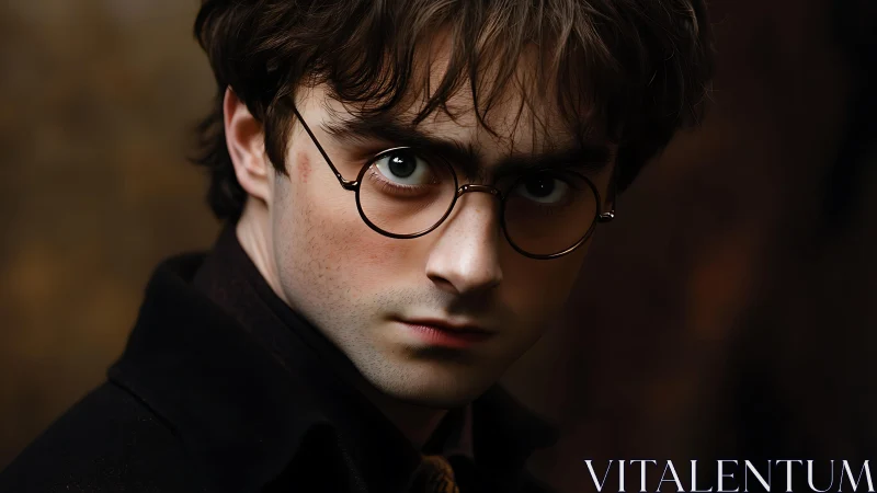 Intense young man in round glasses holds a steady gaze