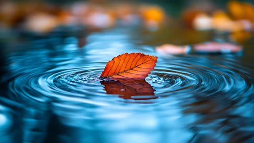Macro telephoto capture of orange leaf on rippling blue water