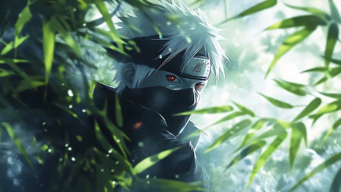 Masked anime shinobi emerges through luminous bamboo foliage