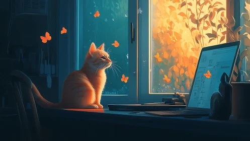 Orange cat watching butterflies at desk with glowing window light