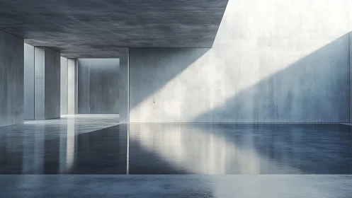 Modernist Concrete Interior with Specular Reflective Water Surface and Directional Illumination
