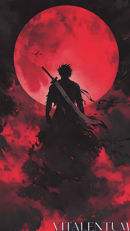 Blood‑red moon crowns lone swordsman in burning shadow clouds