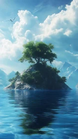 Solitary Island Tree Rising from Blue Ocean Waters
