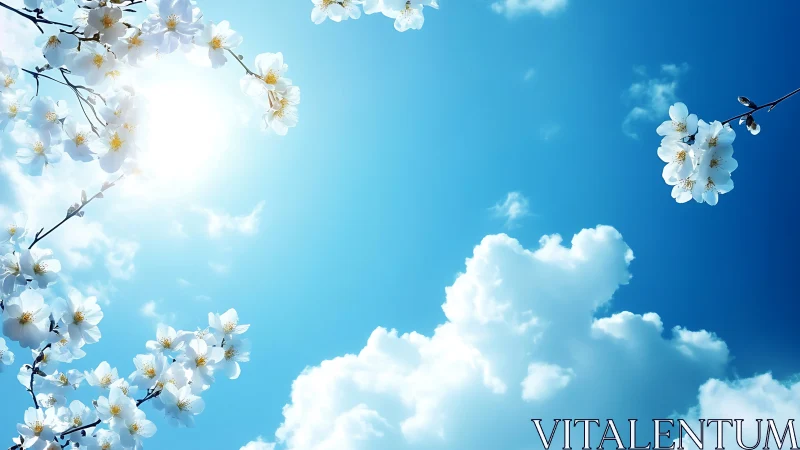 White blossoms against bright blue sky with clouds.
