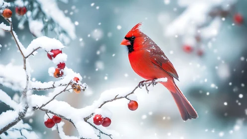 Vibrant red cardinal on snowy branch, winter wildlife photography.