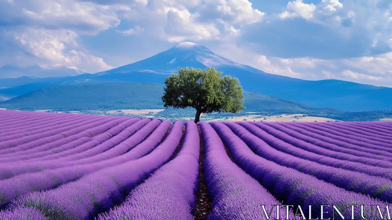 Peaceful lavender fields leading toward a lone green tree.