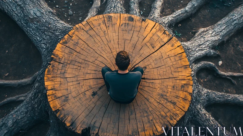 Man seated on large tree stump with radiating exposed roots.