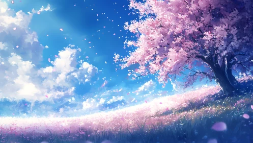 Blossoming cherry tree welcomes a dreamy springtime sky