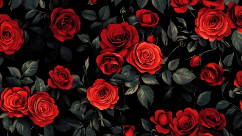 Red roses arranged against dark foliage background with layered depth