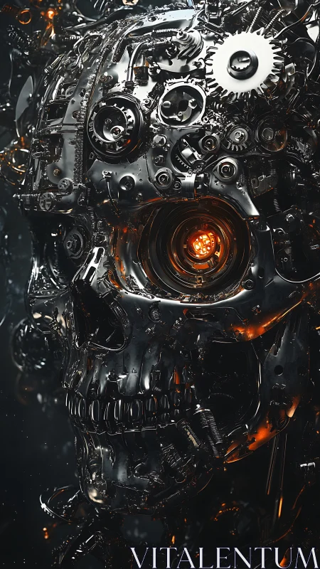 Cybernetic skull of chrome gears with molten core glow.